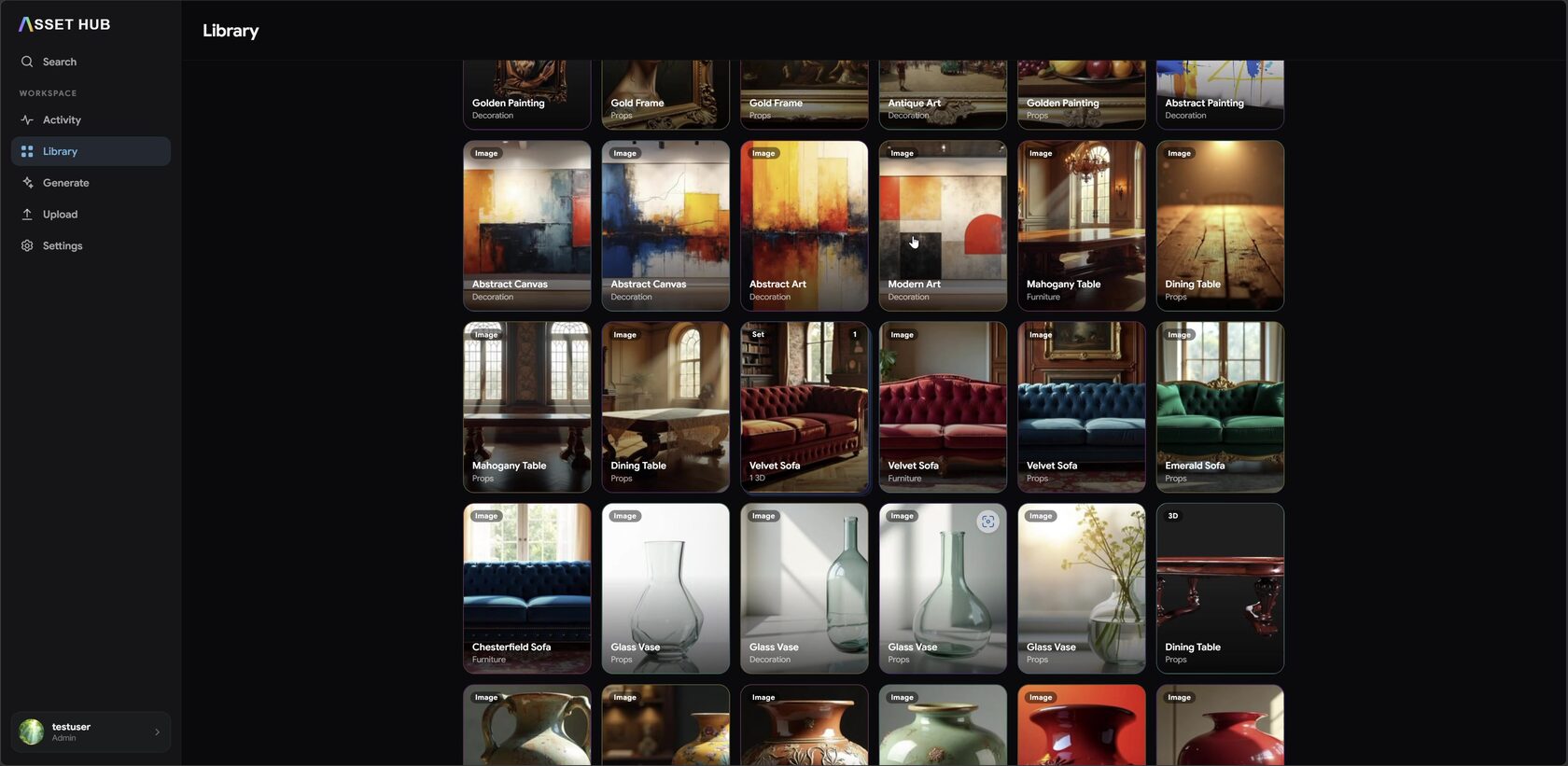 The Library view — every asset in one categorized grid