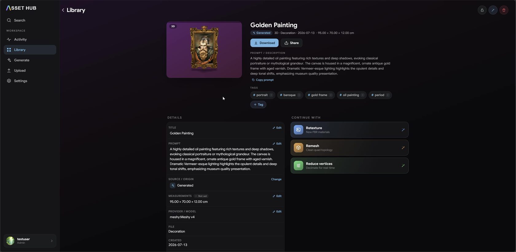 The asset detail view with prompt, tags and metadata