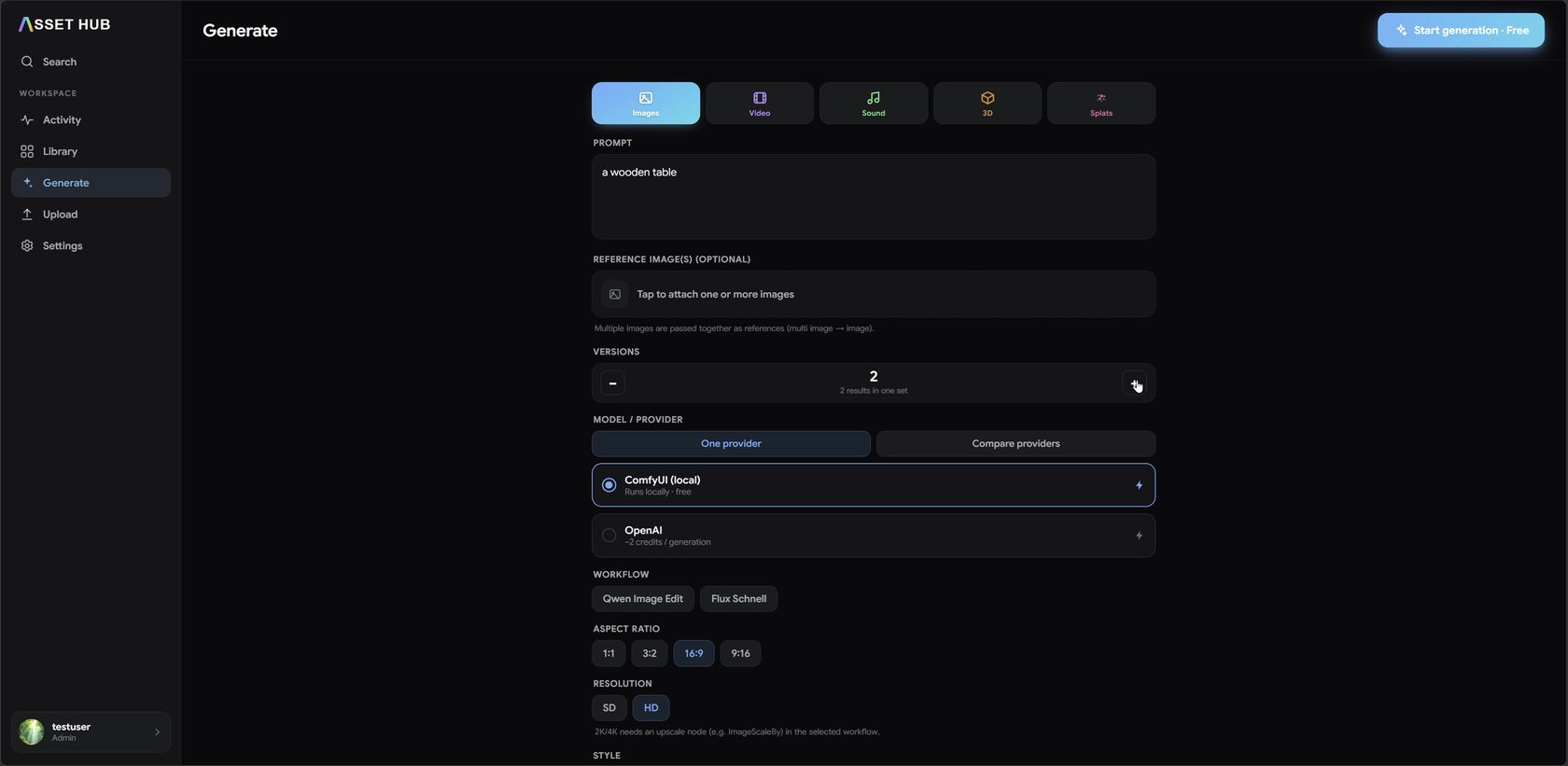 The Generate view — one prompt, any medium