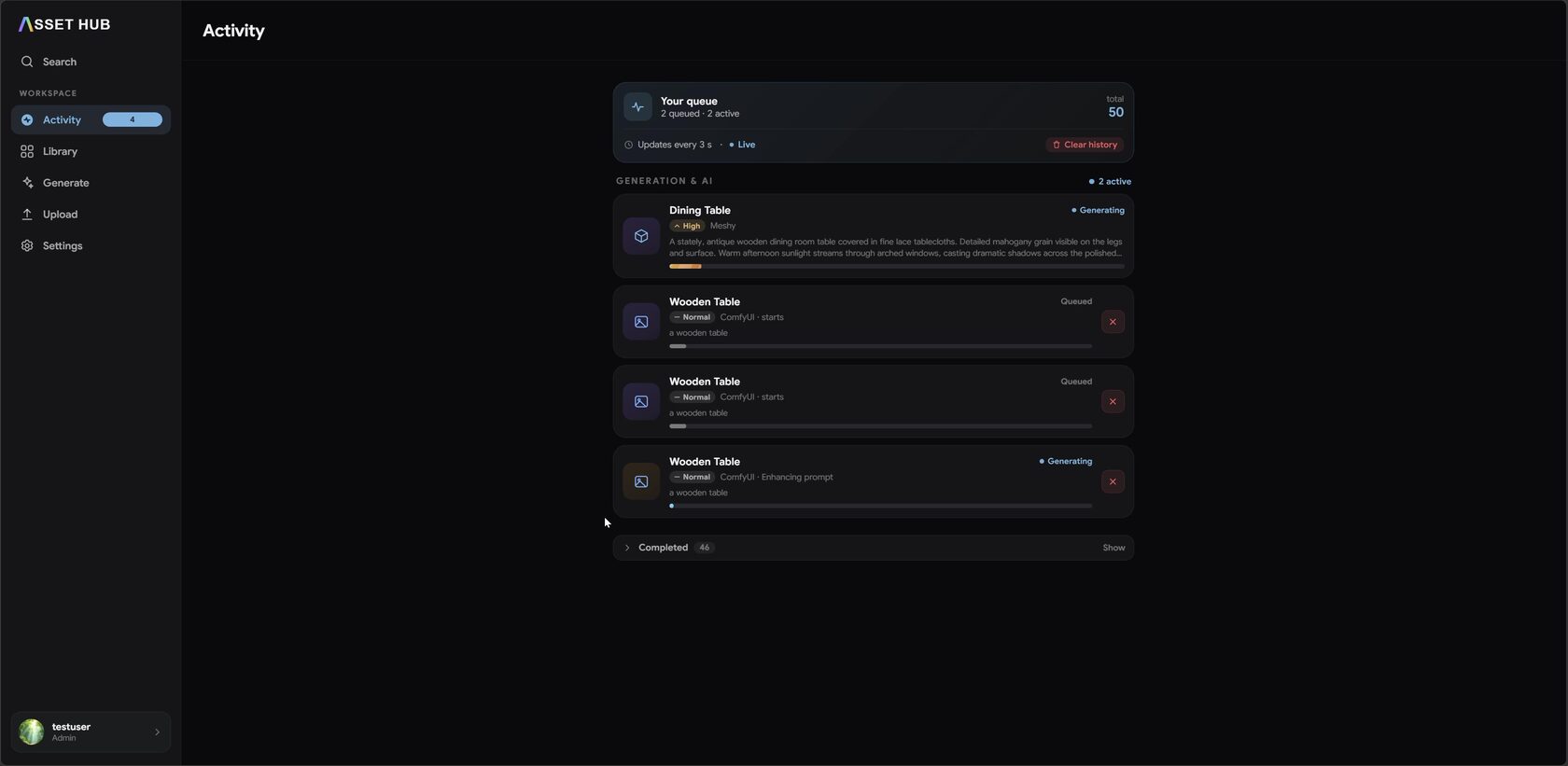 The Activity view — queued, generating and completed jobs