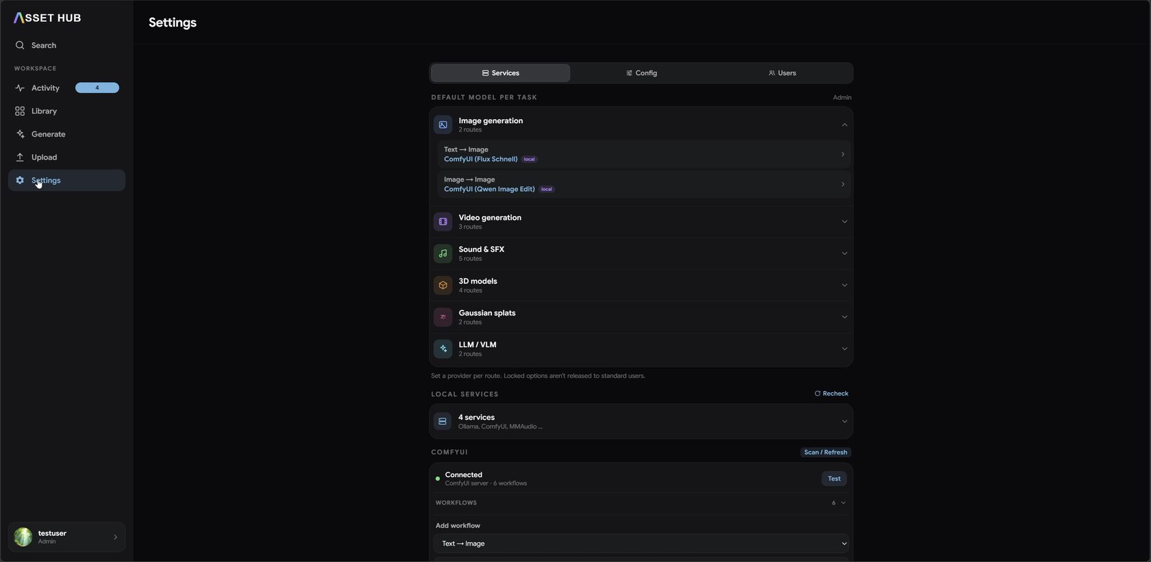 The Settings view — route each task to a provider